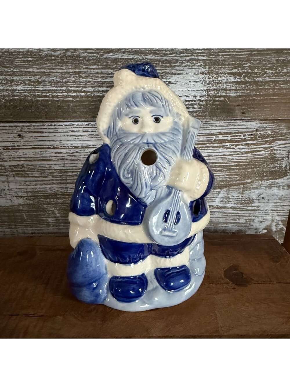 Delft Blue Ceramic Santa Claus Holding Banjo Tea Light Holder Hand Painted RARE